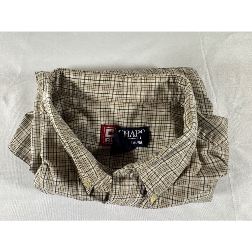 VTG 90s Chaps Ralph Lauren Mens Large Tan Navy Plaid Grid Check Button Down Sz L
